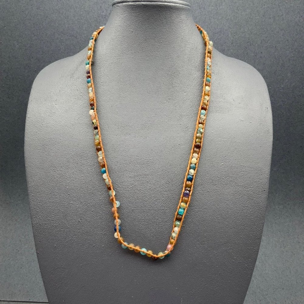 Multicolor Translucent BoHo Necklace Brown Cord Blue Amber Brown Clear Pink